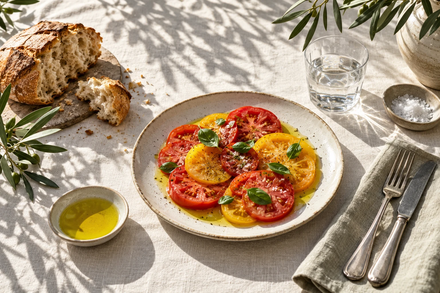 Illustration d’ambiance : table méditerranéenne, tomates et huile d’olive